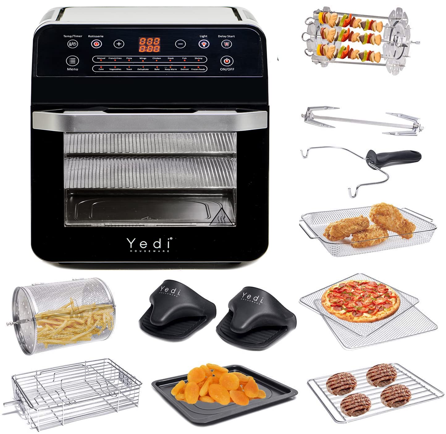 YEDI HOUSEWARE 1600W 12.7 Quart , Deluxe Accessory Kit, Recipes Air Fryer Oven XL (Black)