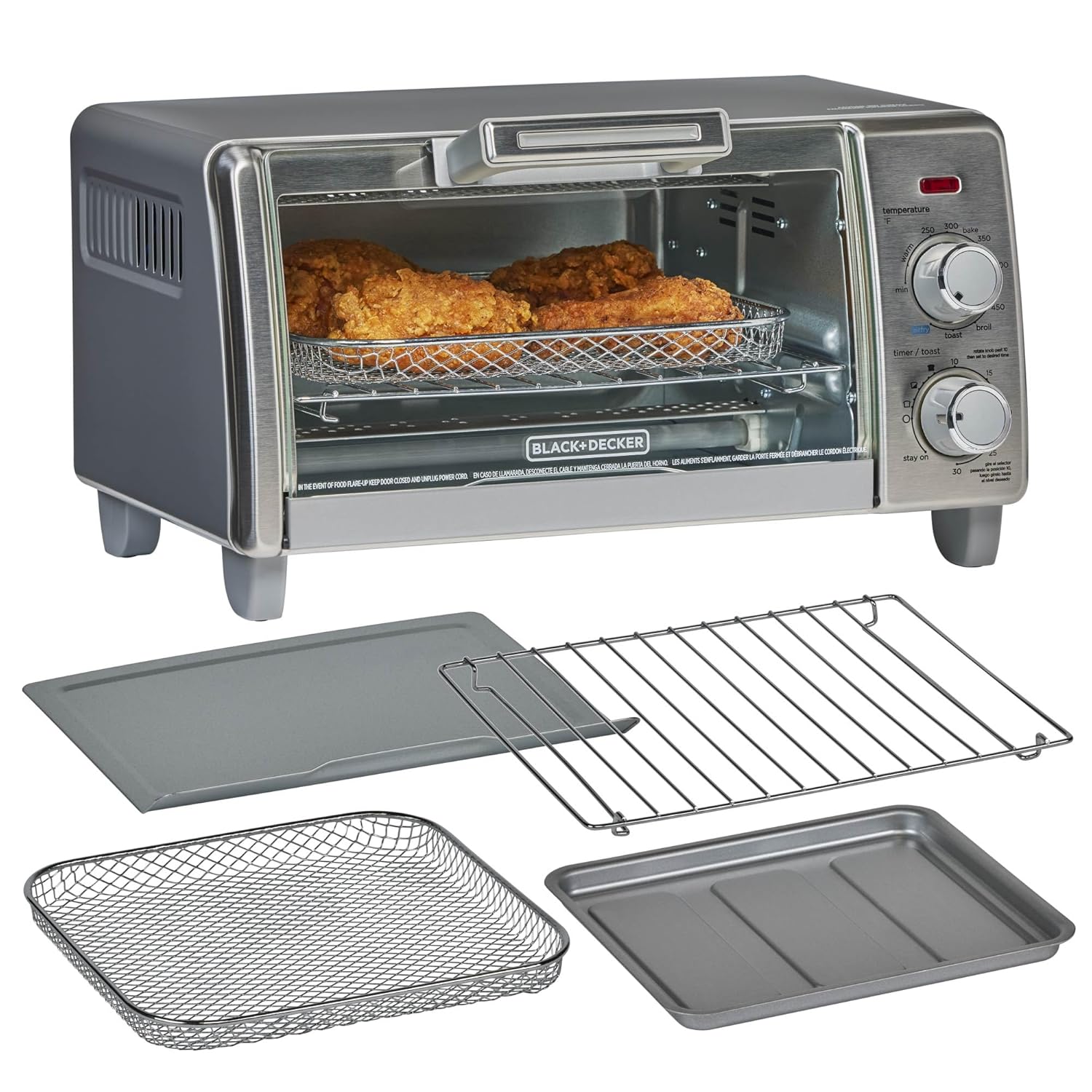 BLACK+DECKER TO1787SS 4-Slice Air Toaster Oven, 5 Cooking Functions, 30 Minute Timer, Stainless Stee