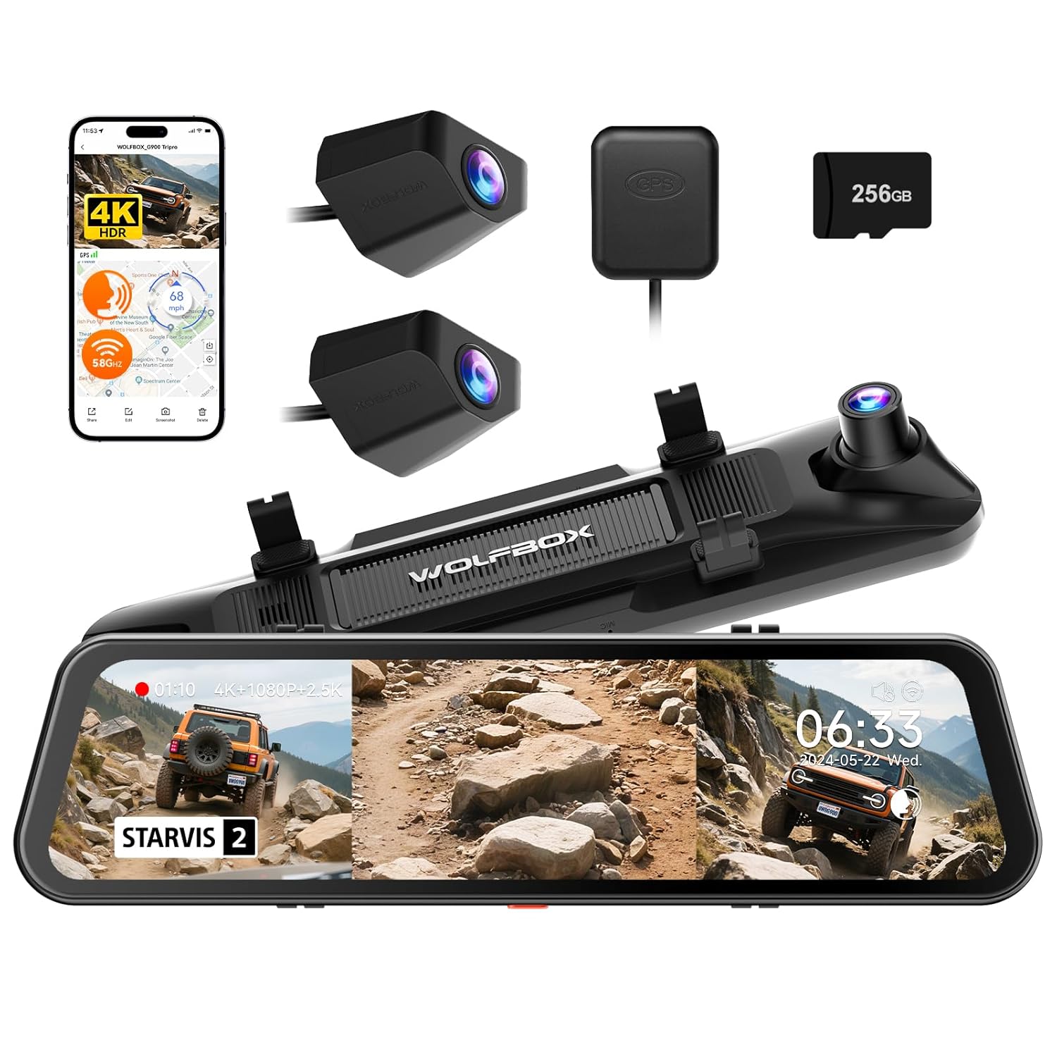 WOLFBOX G900 Tripro Bumper Version Dash Cam for Car, 3 Channel 4K Mirror Dashcam, 8MP STARVIS 2 IMX6