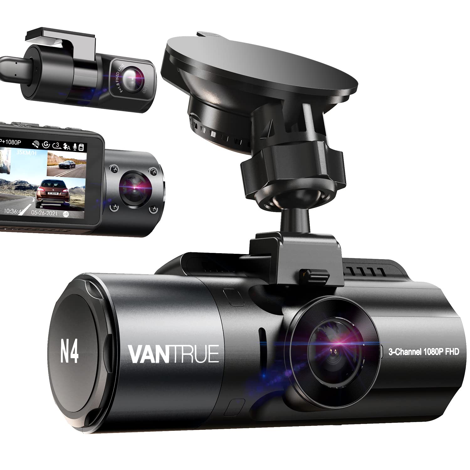 Vantrue N4 3 Channel Dash Cam, 4K+1080P Dual Channel, 1440P Front 1080P Inside 1080P Rear Three Way