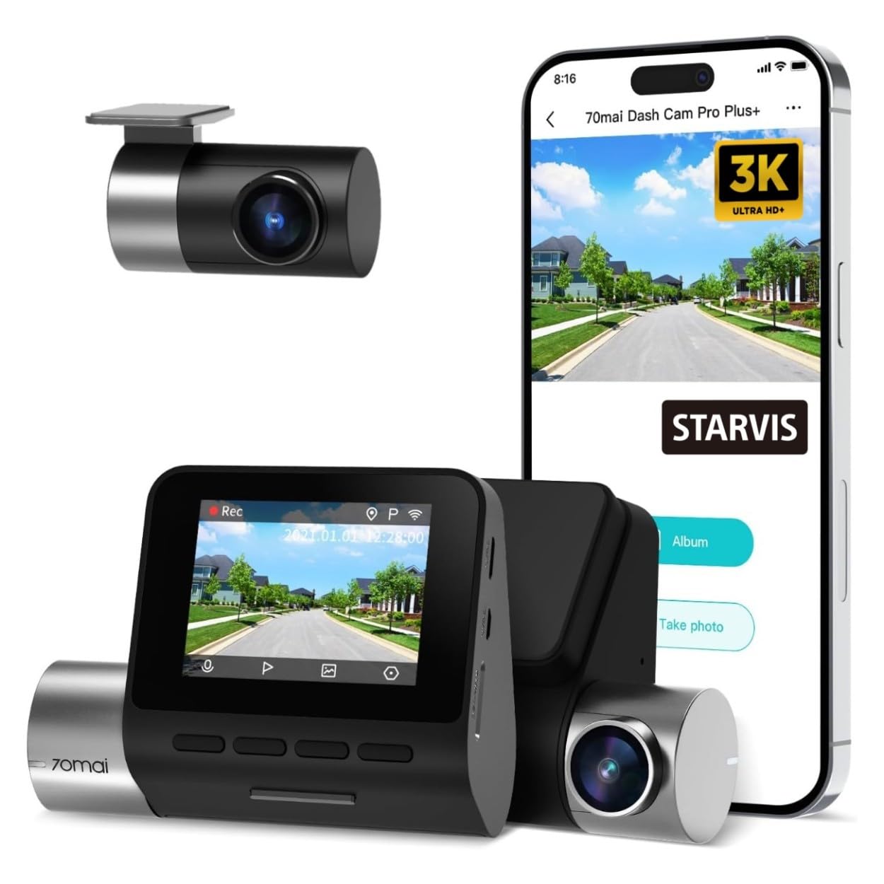 70mai Pro Plus+ A500S Dual Channel Car Dash Cam, 5MP Sony STAVIS IMX335 Sensor, 3K Front & Full HD R