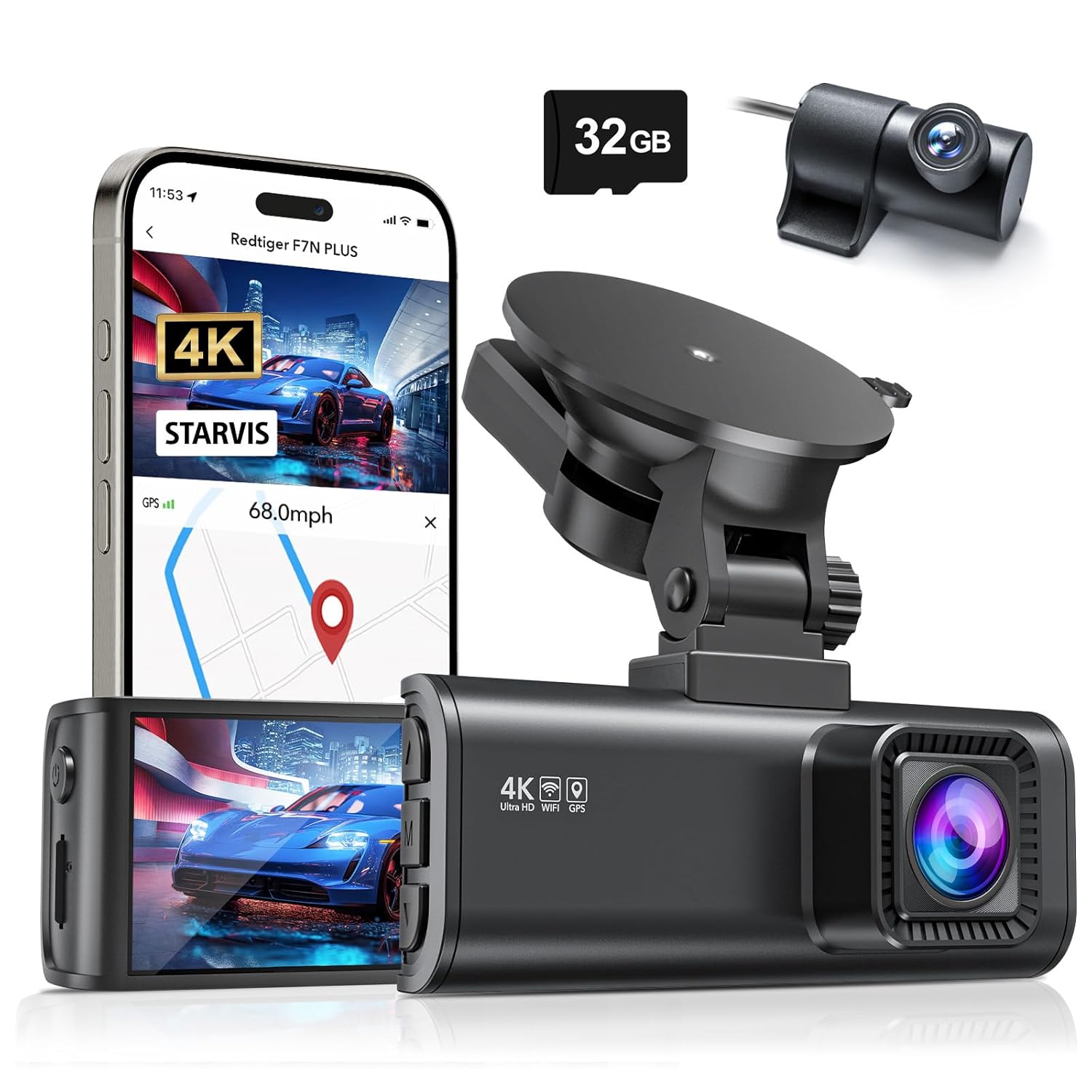 REDTIGER F7NP Dash Cam for Car 4K/2.5K Dual Channel | 170°Wide Angle, 3.18" IPS Screen | Built-in GP