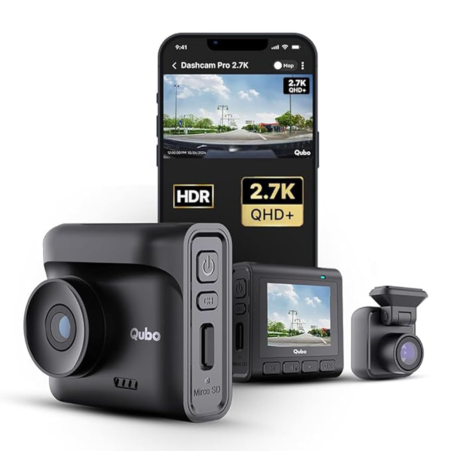 Qubo Car Dashcam Pro 2.7K | Dual Channel | Hero Group | NightPulse Vision | 5MP QHD+ Front (140°), 2