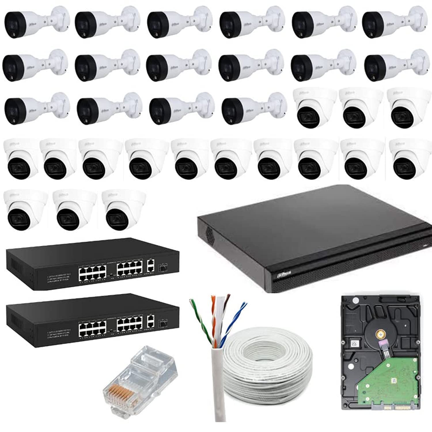 DAHUA 2MP IP Camera Outdoor, 16 Bullet,16 Dome, 32 Channel NVR, 16 Port JK Vision POE (2 Pcs), 4TB H